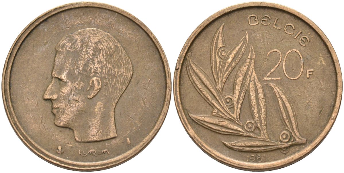 Бельгия 20 франков 1981 Belgie, Бодуэн I (1951-1993) KM 160 никель бронза 4126-231