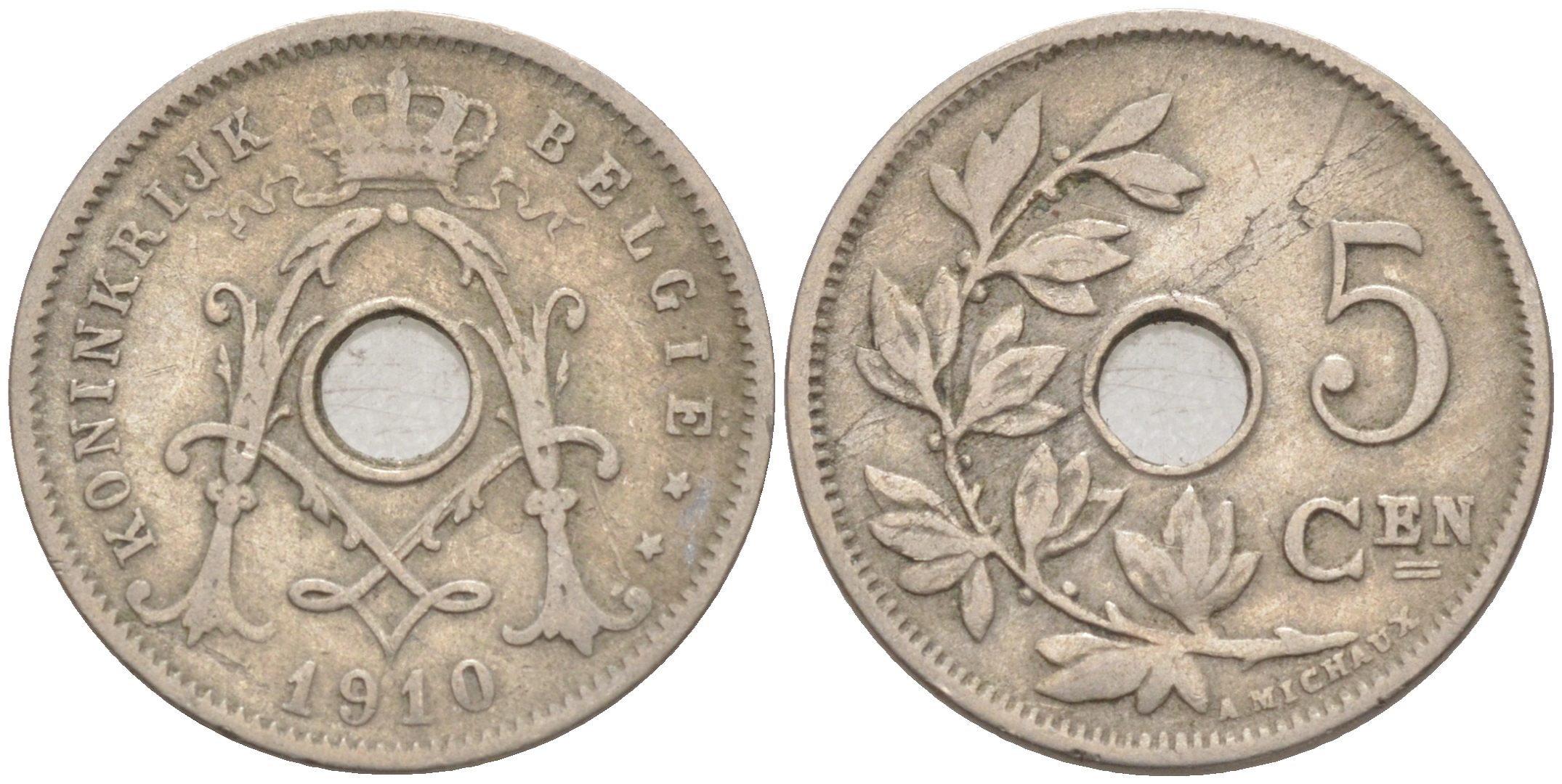 БЕЛЬГИЯ 5 САНТИМОВ 1910 BELGIE KM 67 медно-никель 187-962