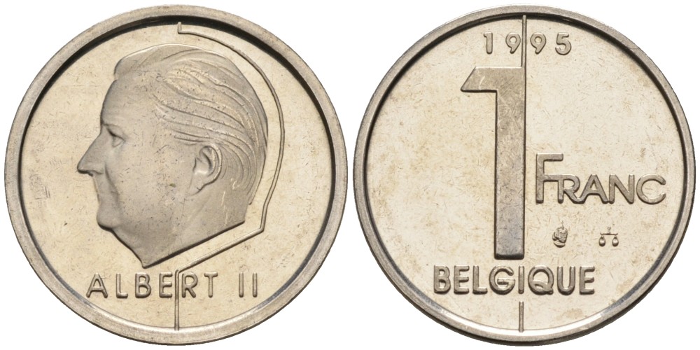 Бельгия 1 франк 1995 Belgique KM 187 железо плакированное никелем UNC 192-513