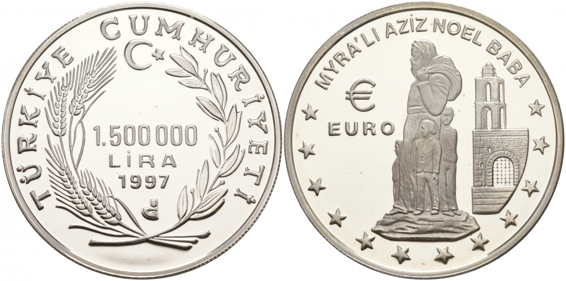 Турция 1500000 лир 1997 Санта-Клаус из Миры (Николай Чудотворец) KM 1100 серебро PROOF 02-038-31