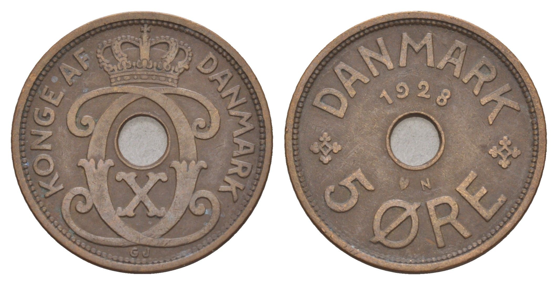 Дания 5 эре 1928 N, Кристиан X (1912-1947) KM 828 бронза 4657-237