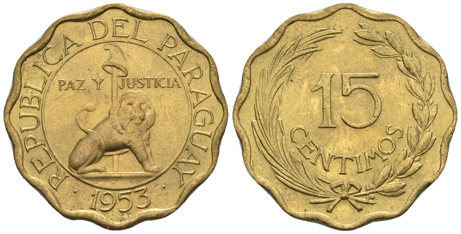 Парагвай 15 сентимо 1953 лев, фригийский колпак на шесте KM 26 алюминиевая бронза  aUNC  4177-556