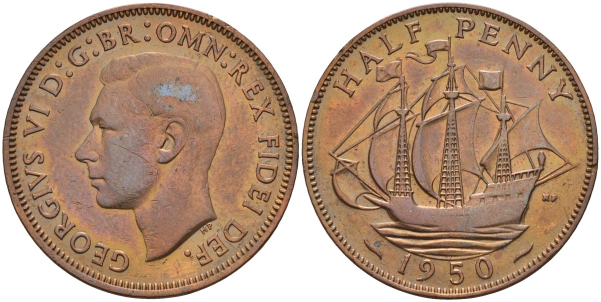 Великобритания 1/2 пенни 1950 Георг VI (1936-1952) KM 868, Spink 4118 бронза 4143-634