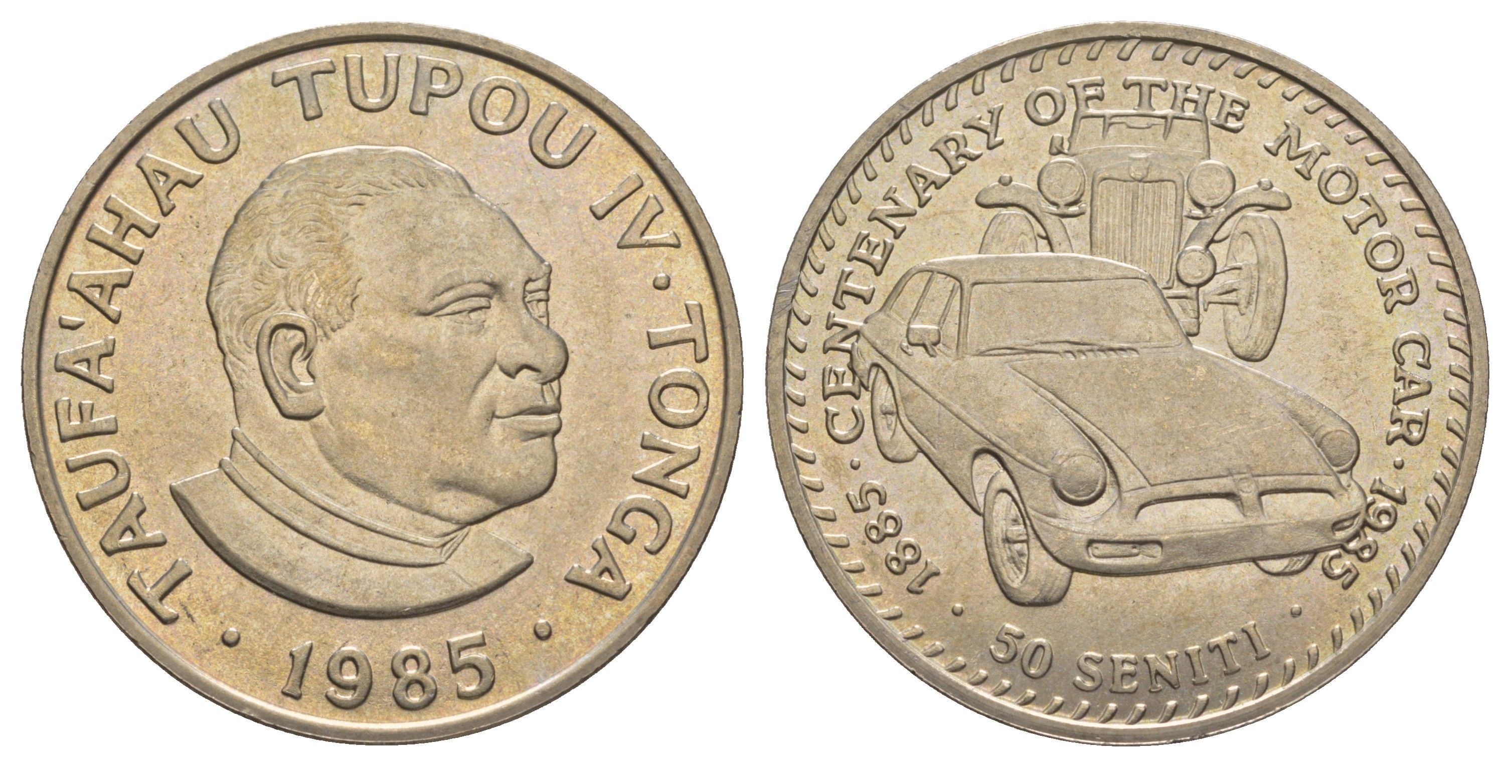 Тонга 50 сенити 1985 100 лет автоиндустрии, Cowley Touring и Morris Car KM 85 медно-никель BU 413-4714