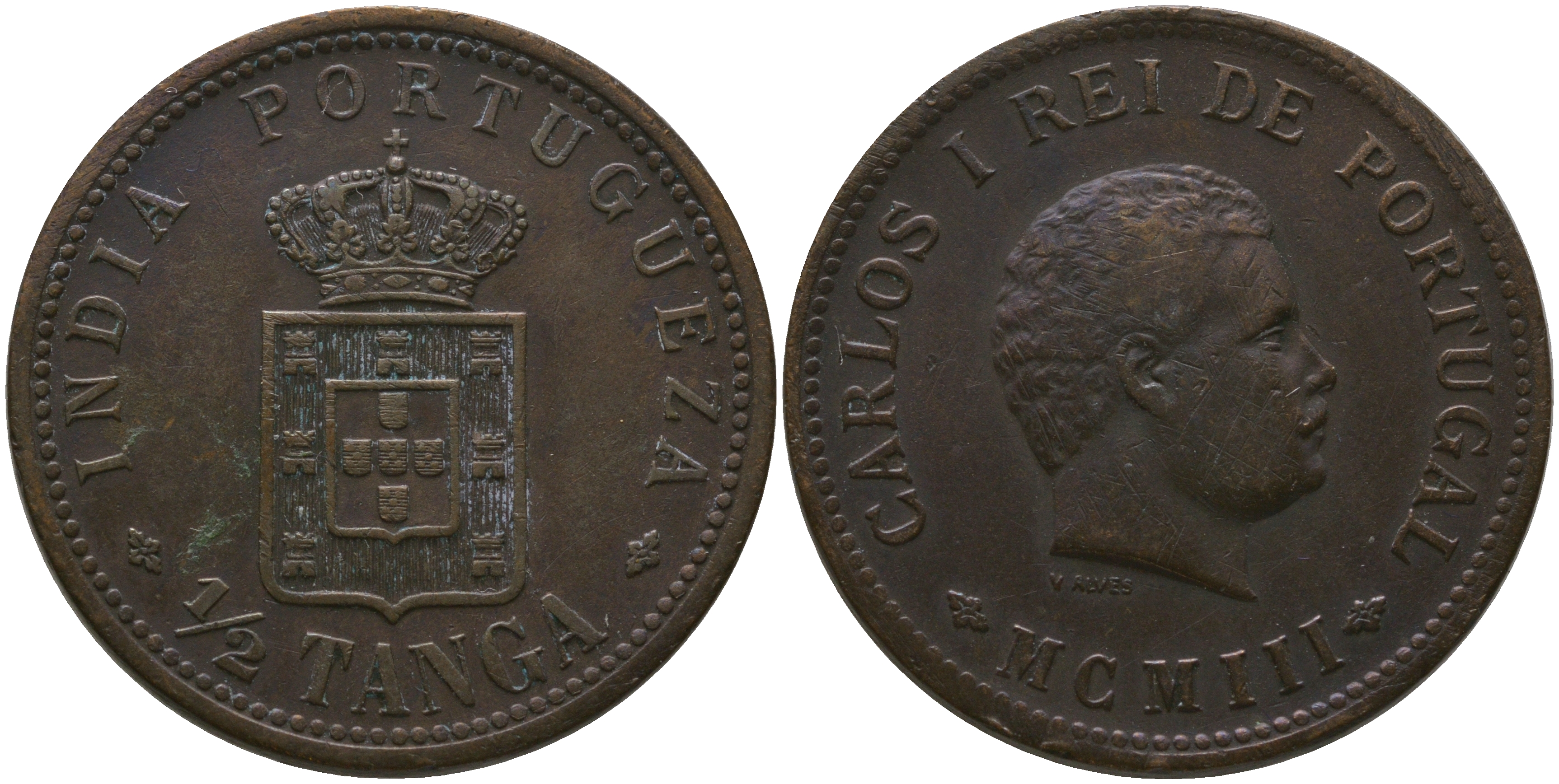 Португальская Индия 1/2 танга = 30 рейс 1903 Карлуш (Карл) I (1889-1908) KM 16 бронза    4168-242