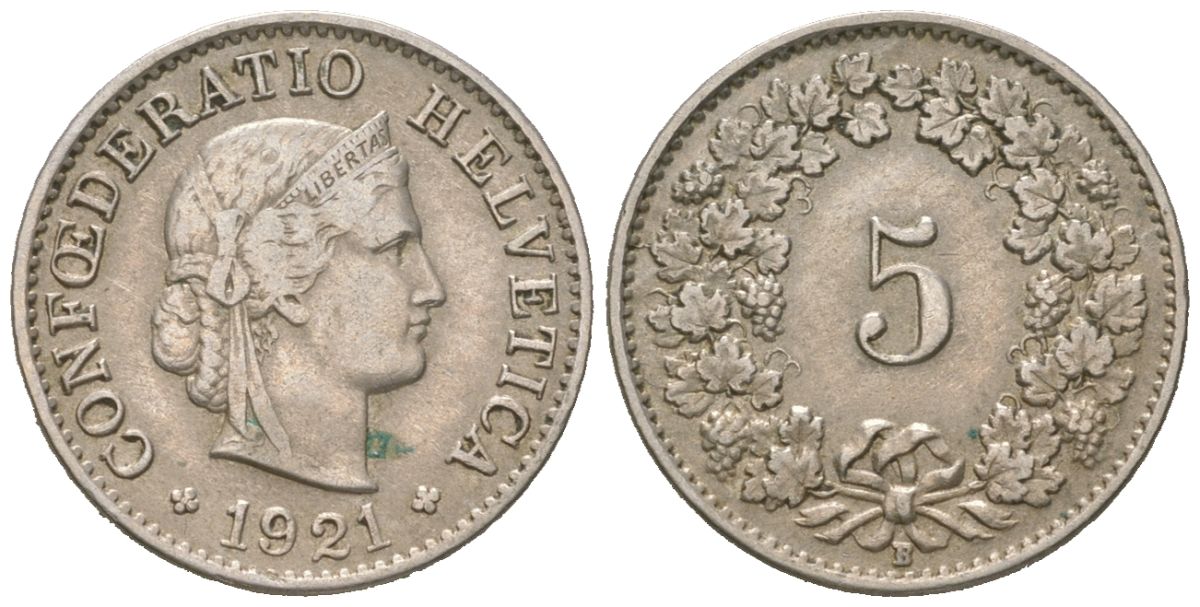 Швейцария 5 раппенов 1921 B KM 26 медно-никель 4617-431