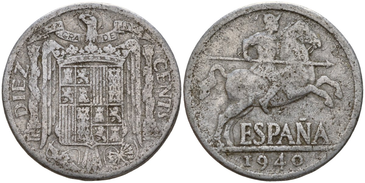 Испания 10 сентимо 1940 рыцарь на коне, Франсиско Франко (1939-1975) KM 766 алюминий 4121-653