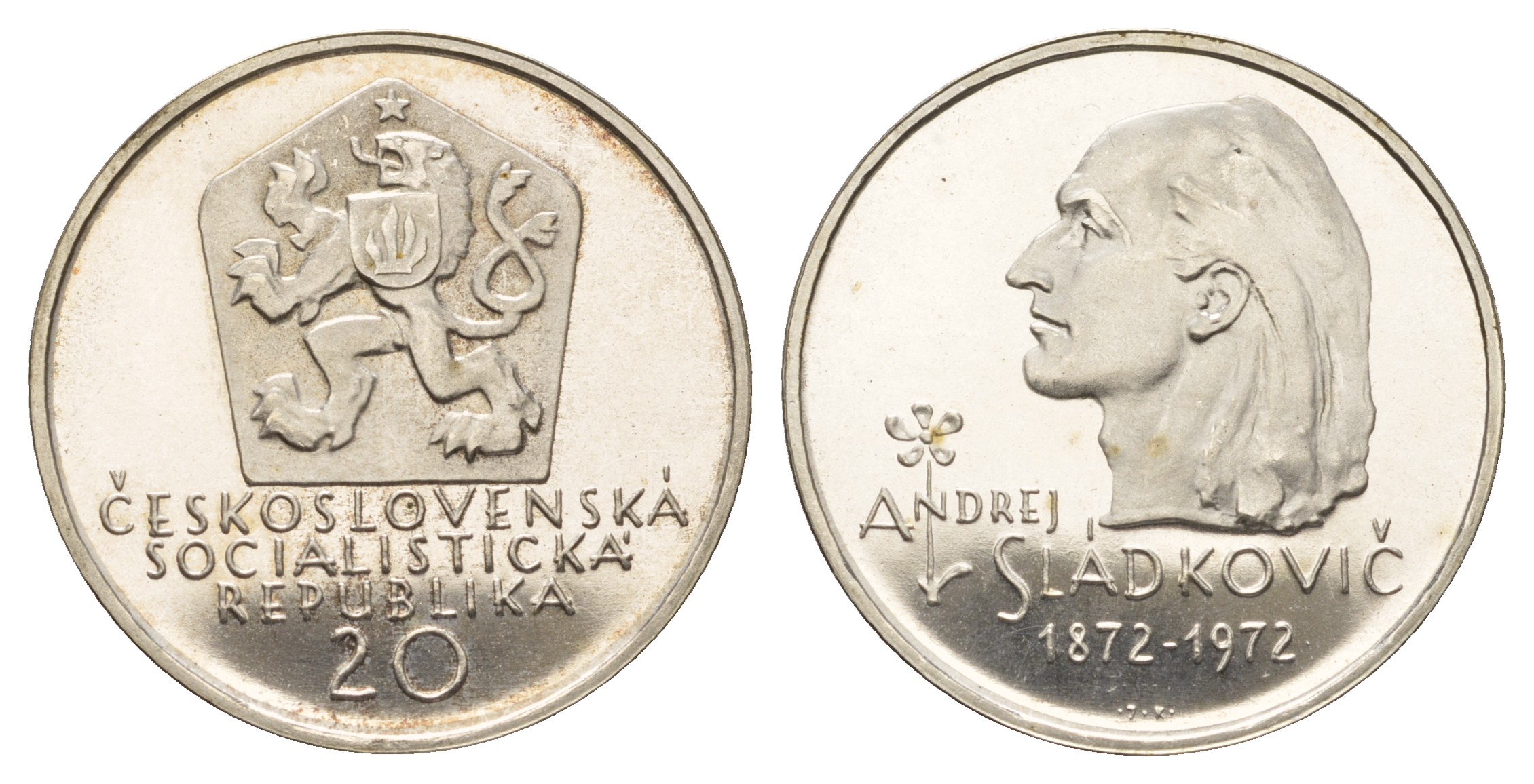 Чехословакия 20 крон 1972 100 лет со дня смерти Андрея Сладковича (1820-1872) KM 76 серебро  PROOF  1095-10-14