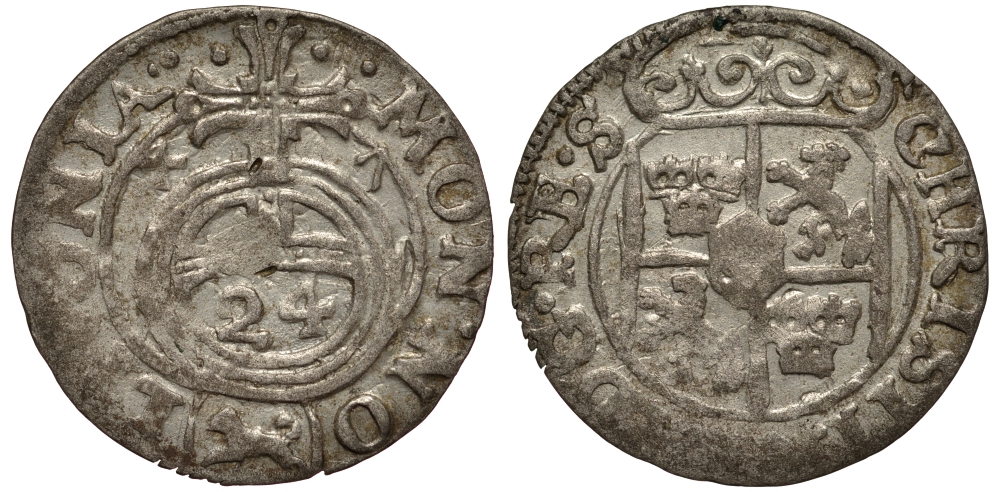 Ливония, Рига 1/24 талера 1647 Шведская оккупация, Кристина (1632-1654), минтмарк собака, вес 1,09 гр. KM 3 серебро 1516-614