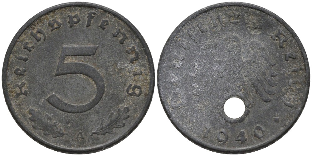 Германия 5 рейхспфеннигов 1940 А, монетный двор Берлин KM 100, J. 370 цинк 186-652