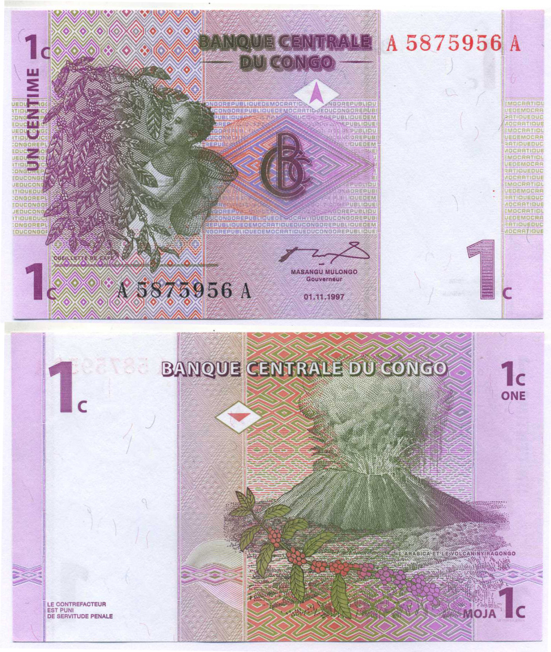 ДР Конго 1 сантим 1997 вулкан, сбор кофе Pick 80 a бумага UNC (пресс) 444-114-1-2
