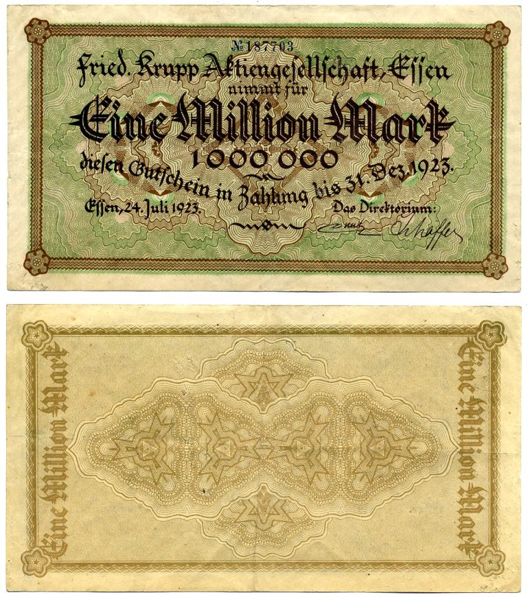 Эссен 1000000 марок (1 миллион) 1923 24 июля 1923 - 31 декабря 1923, нотгельд, земля Северный Рейн-Вестфалия, НОМЕР ЧЕРНЫЙ Keller 1429е бумага 7191-43-1-2