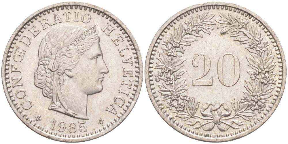 Швейцария 20 раппенов 1985 KM 29a медно-никель 55-1023