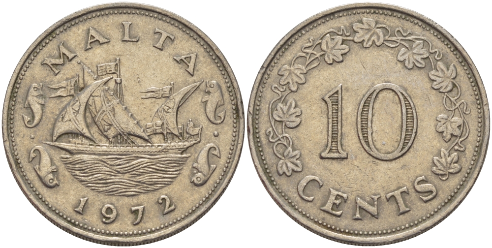 Мальта 10 центов 1972 баржа Великого магистра KM 11 медно-никель 82-411