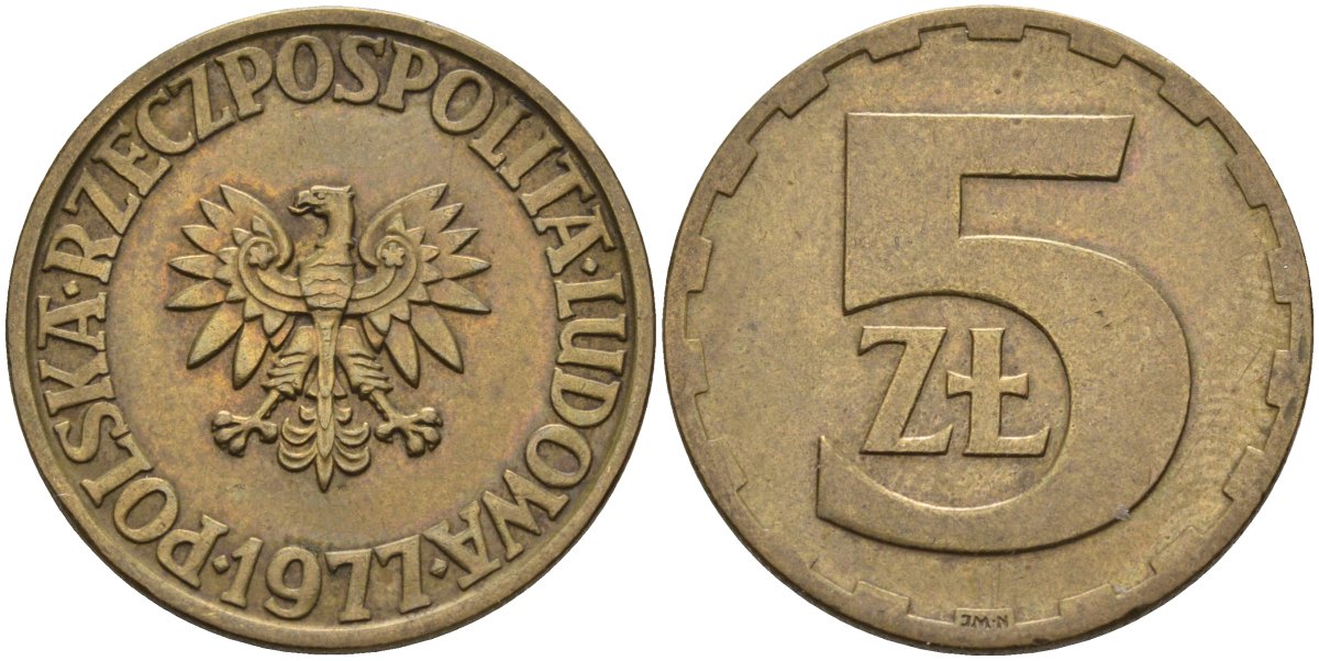 Польша 5 злотых 1977 монетный двор Ленинград (ЛМД) KM 81.1, Parchimowicz 221c латунь 4546-333