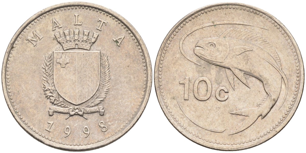 Мальта 10 центов 1998 золотая макрель KM 96 медно-никель 4588-255