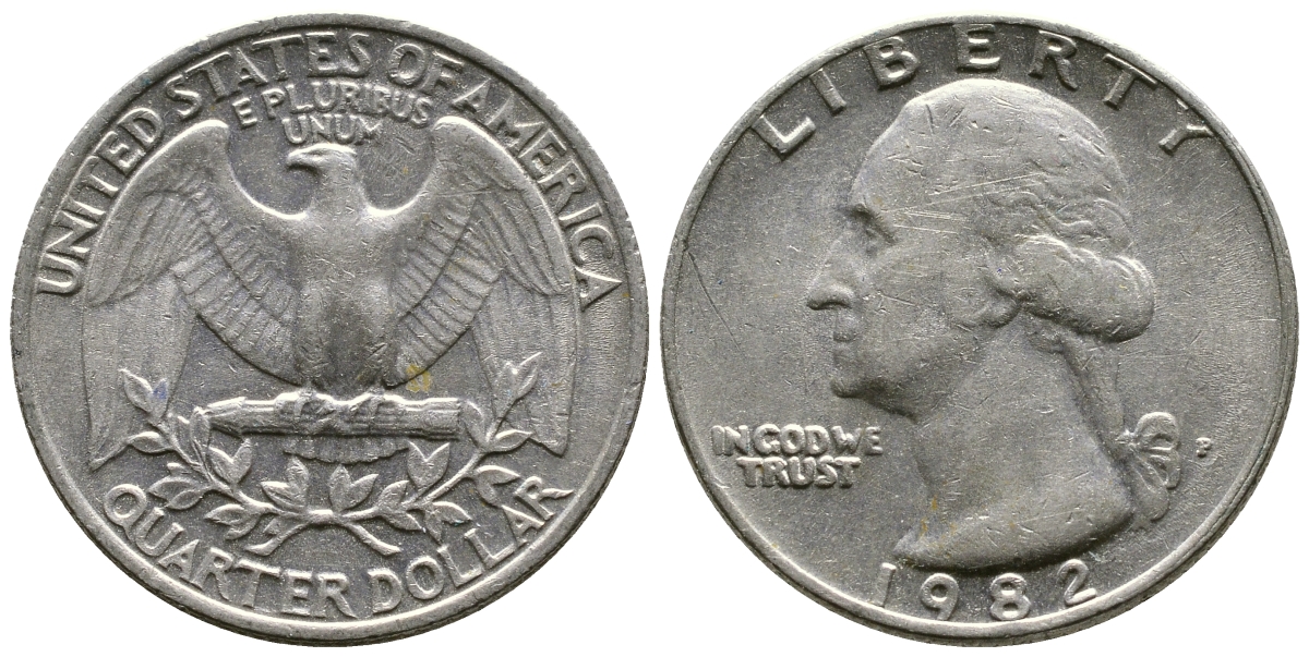 США 25 центов = квотер 1982 P, Вашингтон KM А164а медь плакированная медно-никелем 4364-2226