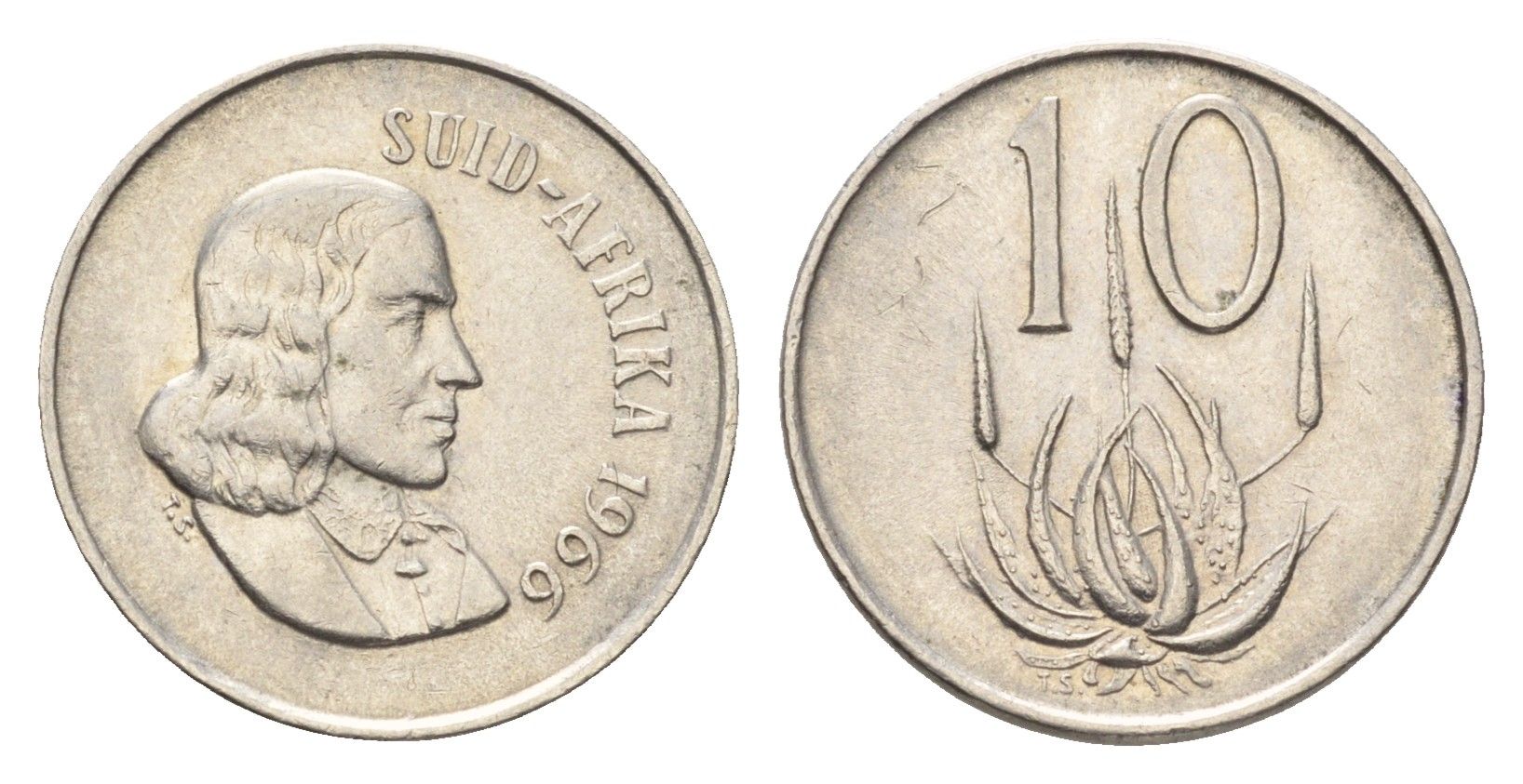 ЮАР 10 центов 1966 Ян ван Рибек (1619-1677), Suid Africa, легенда на африкаанс, цветок алоэ KM 68.2 никель 4694-559
