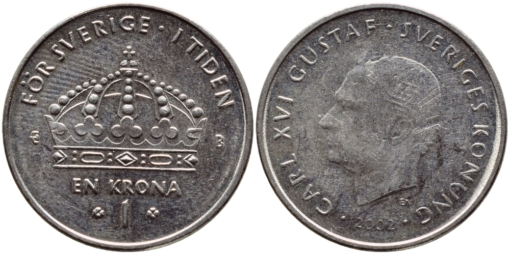 Швеция 1 крона 2002 Карл XVI Густав (1973- ) KM 894 медно-никель 4110-816
