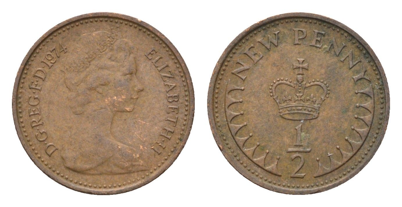 Великобритания 1/2 пенни 1974 Елизавета II (1952-2022) KM 914, Spink 4239 бронза 4708-342
