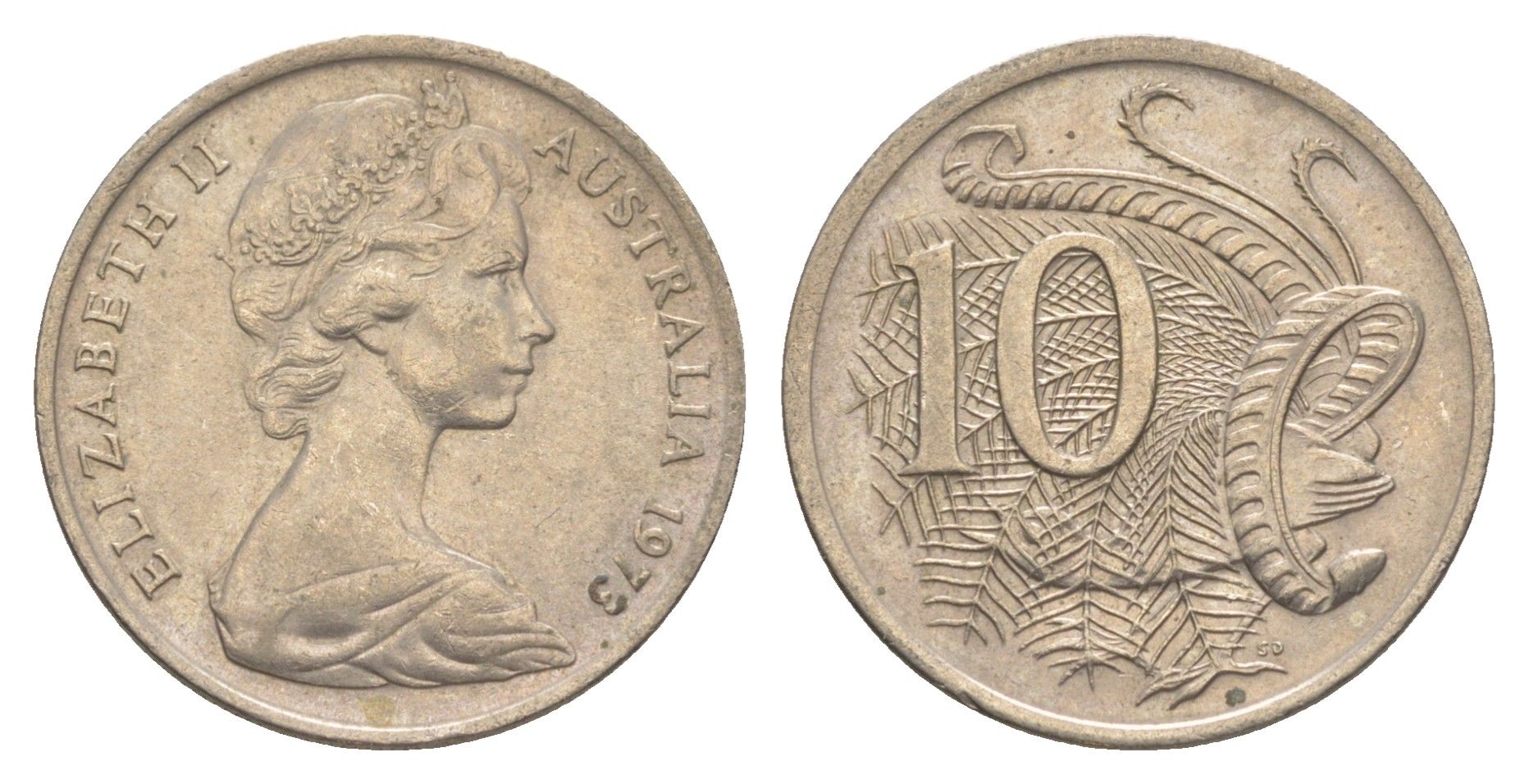 Австралия 10 центов 1973 Елизавета II (1952-2022), птица лирахвост KM 65 медно-никель 4364-153