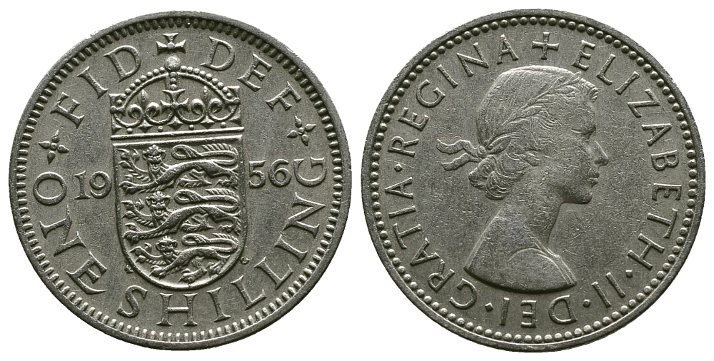Великобритания 1 шиллинг 1956 Елизавета II (1952-2022), Английский герб KM 904, Spink 4147 медно-никель 4384-341