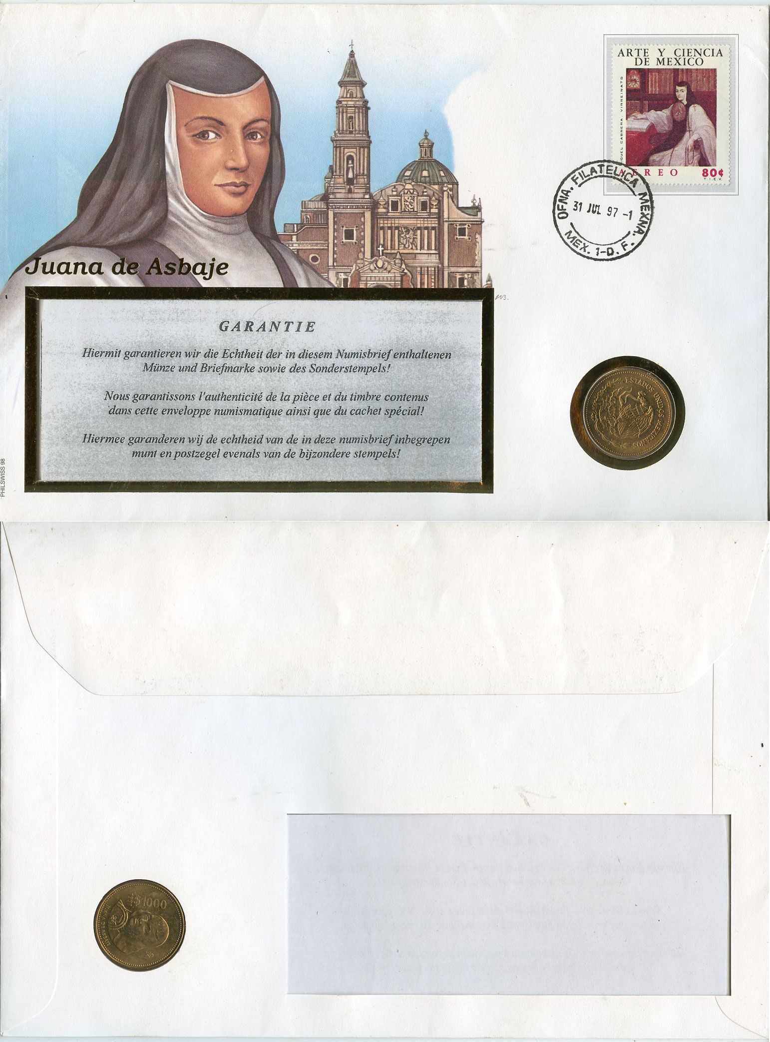 Мексика 1000 песо 1997 монета в конверте с маркой и спецгашением KM 536 алюминиевая бронза UNC 6267-5-2