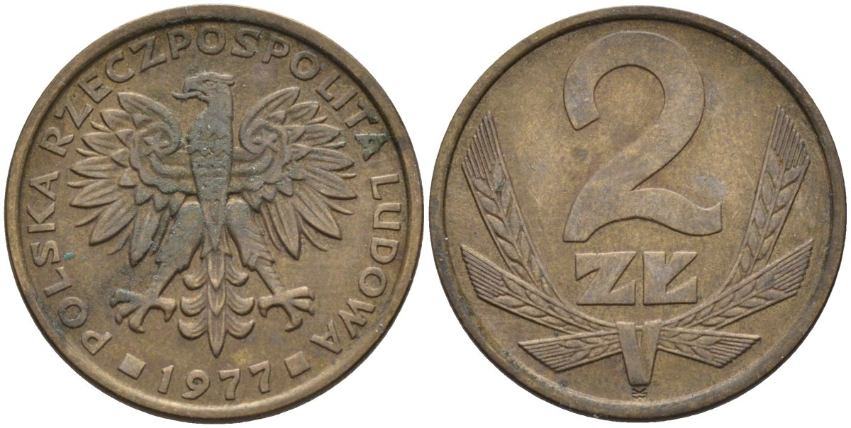 Польша 2 злотых 1977 монетный двор Ленинград (ЛМД) KM 80.1, Parchimowicz 217c латунь 4580-735