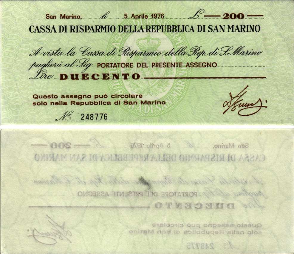 САН МАРИНО 200 ЛИР 1976 5 АПРЕЛЯ 1976, CASSA DI RISPARMIO DELLA REPUBBLICA DI SAN MARINO Pick S102 бумага UNC (ПРЕСС) 7203-66-1