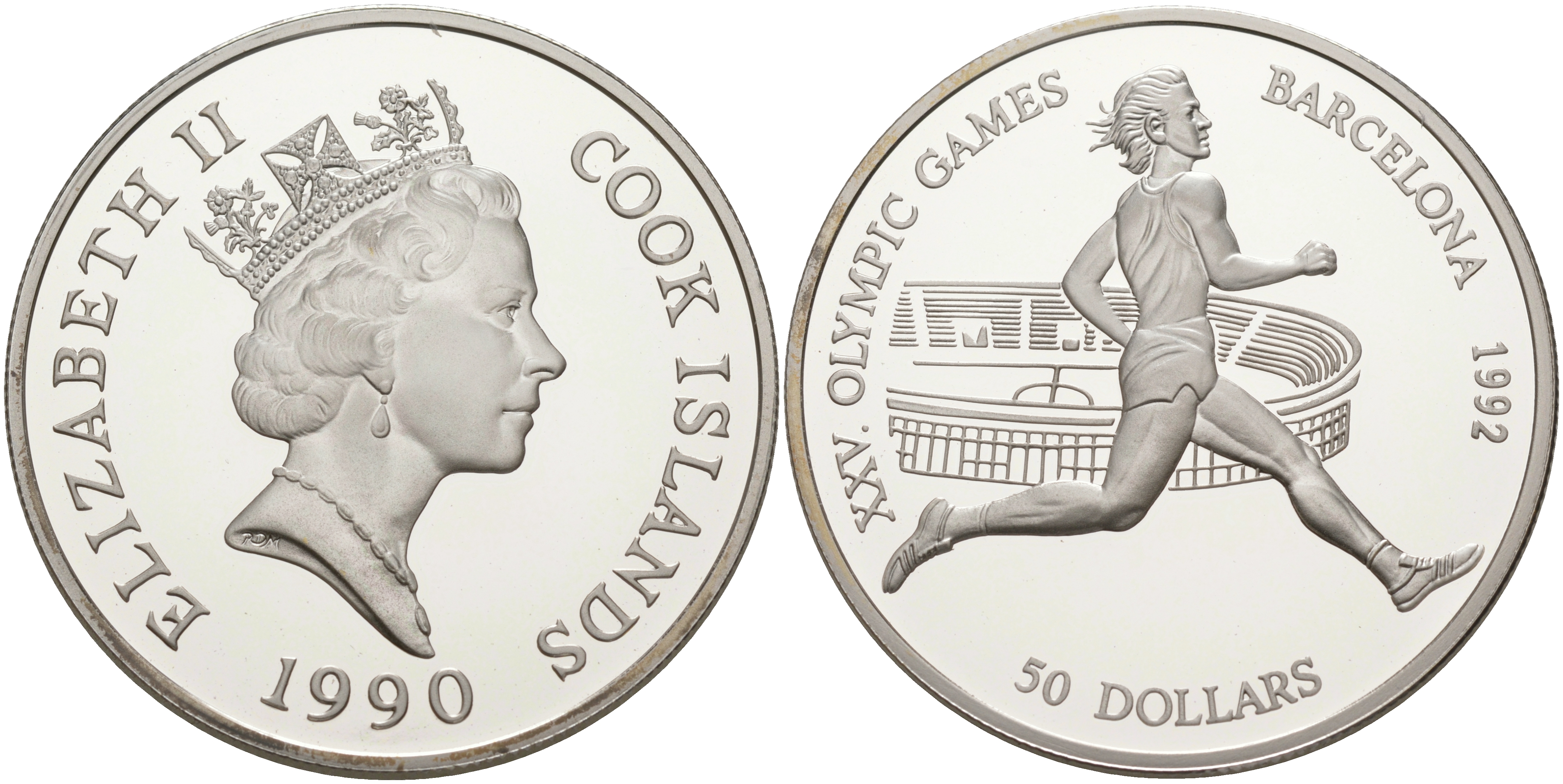 Острова Кука 50 долларов 1990 XXV летние Олимпийские игры 1992 года в Барселоне, бег KM 112 серебро PROOF 1091-9-34