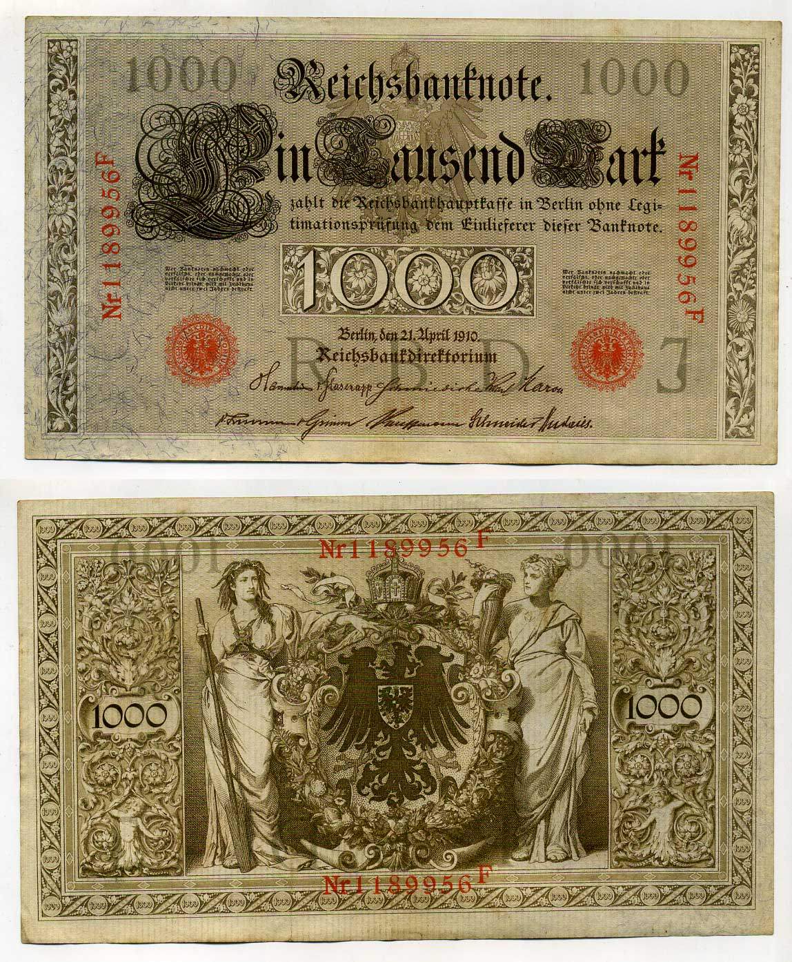 Германия 1000 марок 1910 красная печать, 7 значный номер Pick 44 b  бумага   8619-38-2-1