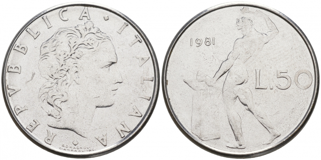ИТАЛИЯ 50 ЛИР 1981 R, КУЗНЕЦ KM 95.1 нержавеющая сталь 186-256