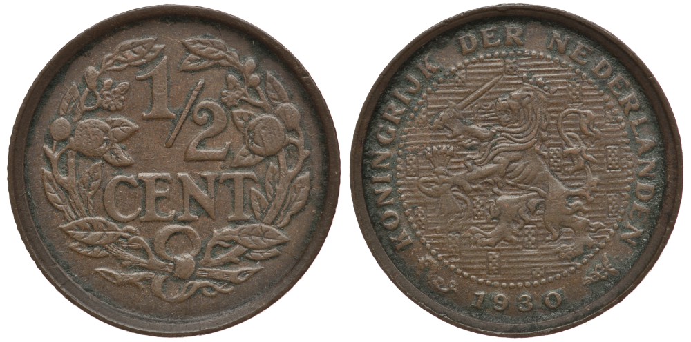 НИДЕРЛАНДЫ 1/2 ЦЕНТА 1930 ВИЛЬГЕЛЬМИНА I (1890-1948) KM 138 бронза 4381-633