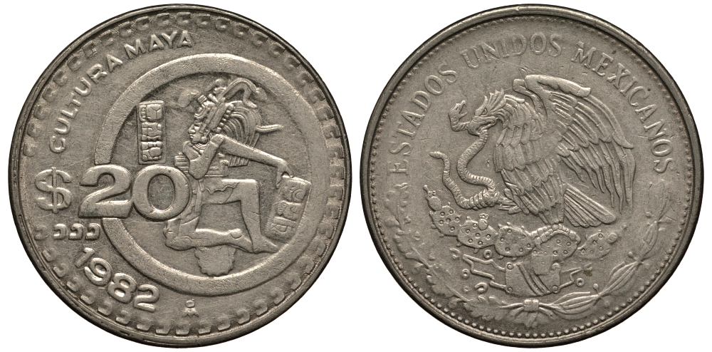 МЕКСИКА 20 ПЕСО 1982 КУЛЬТУРА МАЙЯ KM 486 медно-никель VF+ 118-925