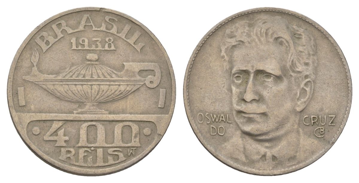 Бразилия 400 реалов 1938 Освалду Крус KM 539 медно-никель 4624-1255