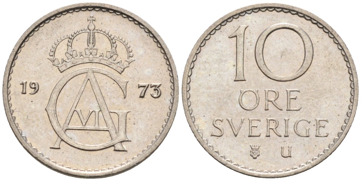 Швеция 10 эре 1973 Густав VI Адольф (1950-1973) KM 835 медно-никель 4585-425