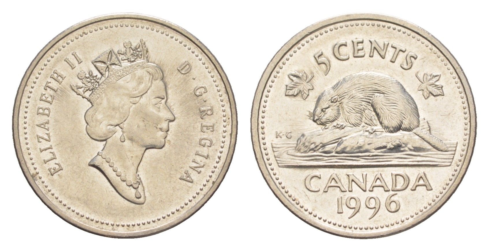 Канада 5 центов 1996 Елизавета II (1952-2022), бобр KM 182 медно-никель 4636-622