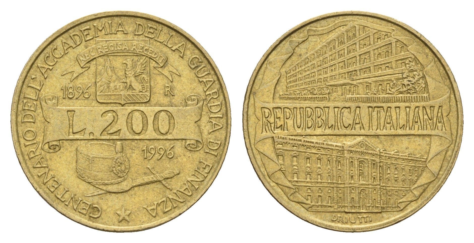 Италия 200 лир 1996 100 лет Академии таможенной службы KM 184 алюминиевая бронза 4675-141