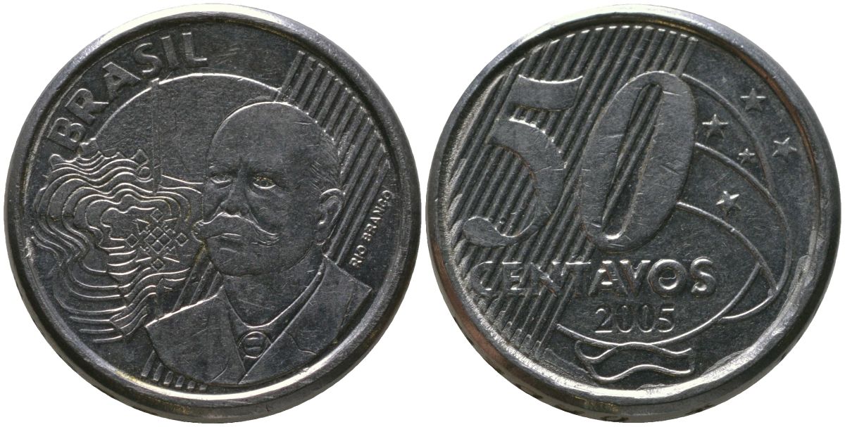 Бразилия 50 сентаво 2005 KM 651a, Schon 159a, Bentes 780 нержавеющая сталь 4523-427