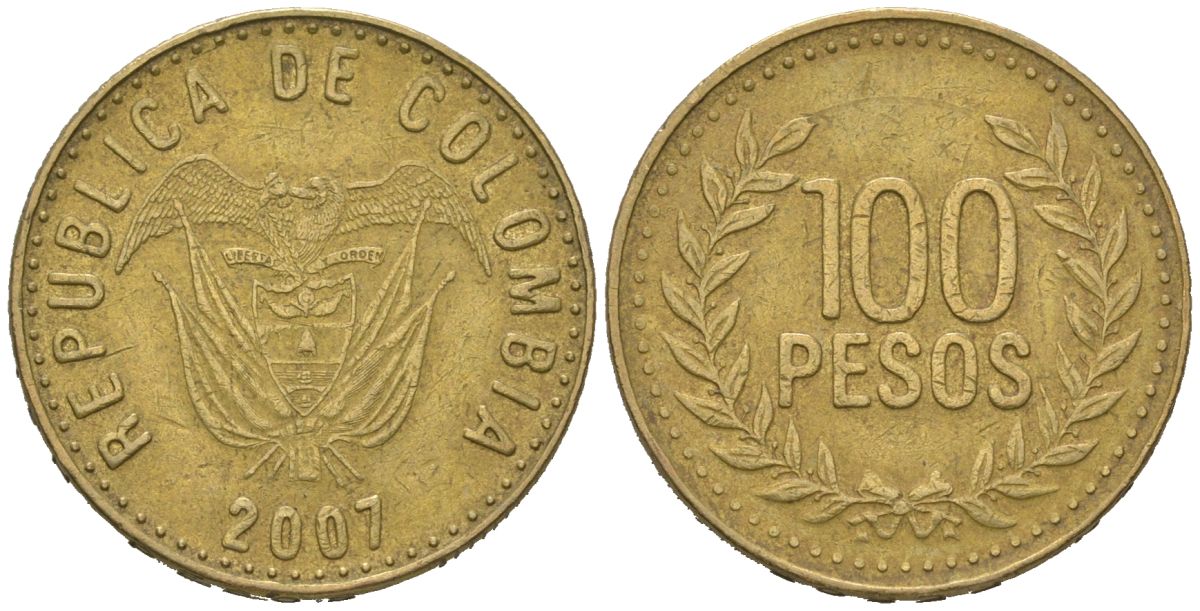 Колумбия 100 песо 2007 KM 285.2, Restrepo 445.8 латунь 4619-542