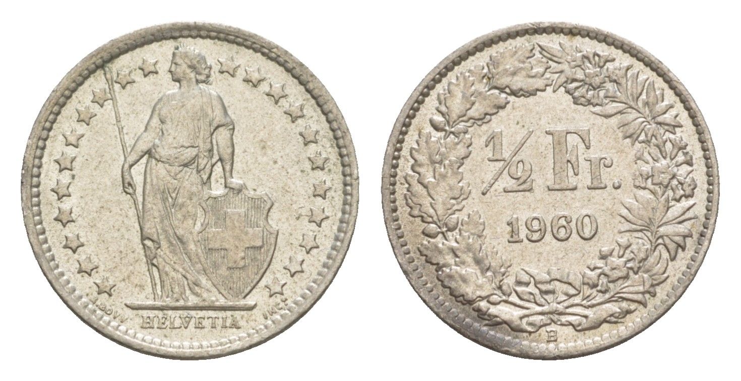 Швейцария 1/2 франка 1960 KM 23 серебро 4636-111