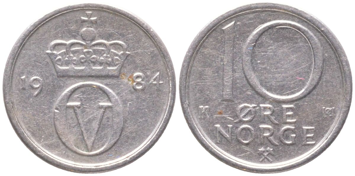 Норвегия 10 эре 1984 Улаф V (1957-1991) KM 416 медно-никель 4147-243