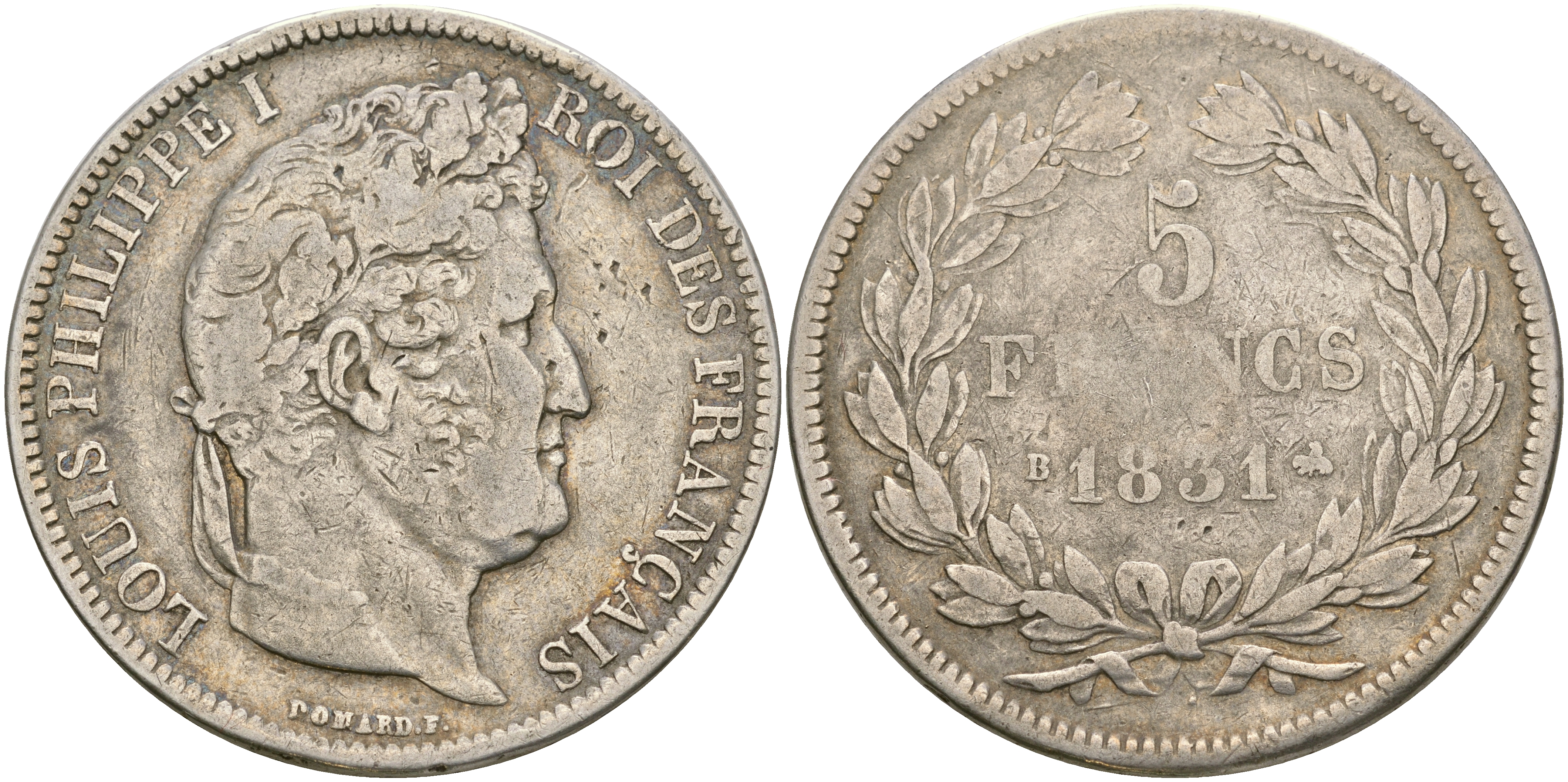 Франция 5 франков 1831 B, Луи Филипп I (1830-1848) KM 735.2 серебро 06-256-24