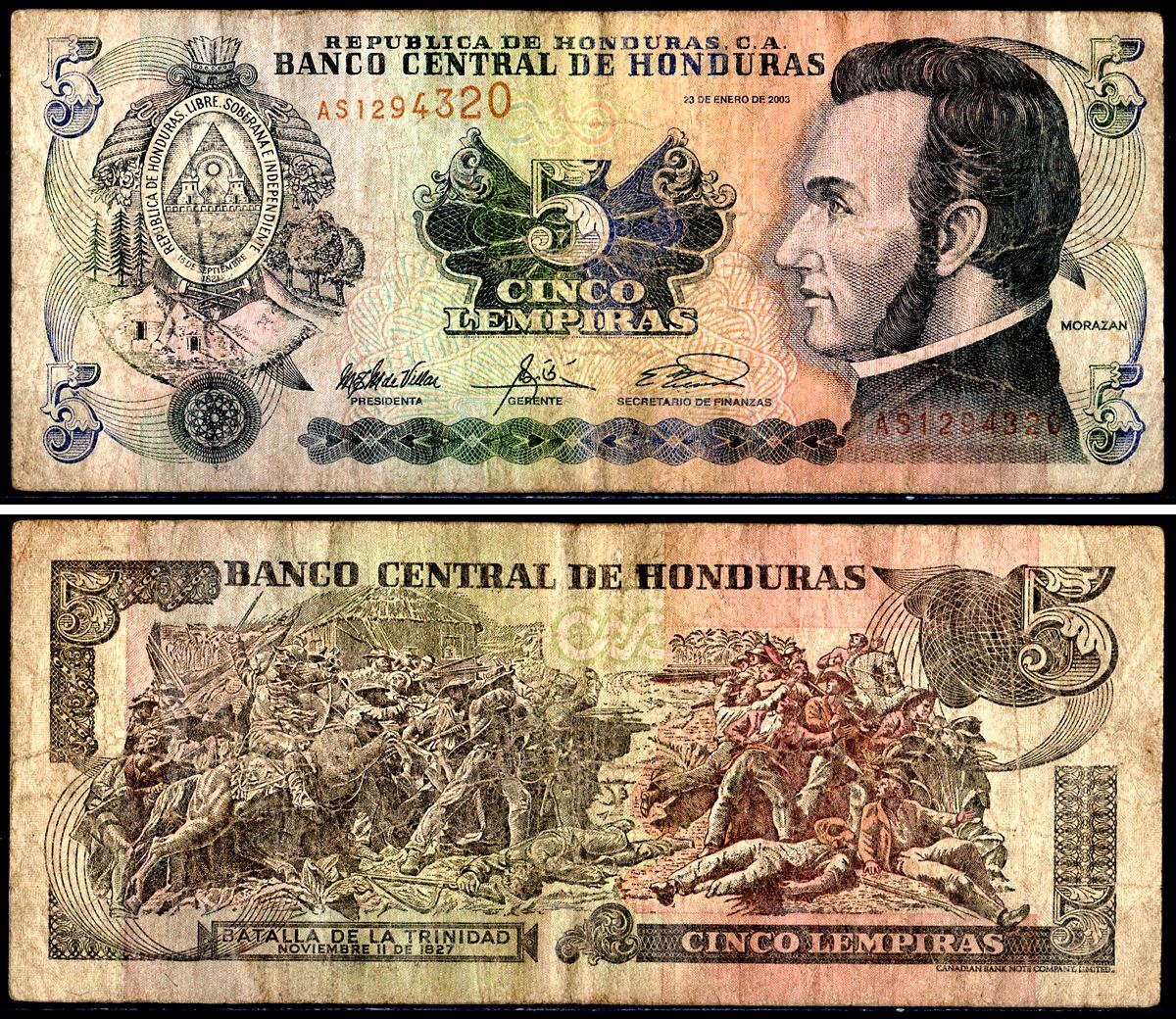 Гондурас 5 лемпира 2003 Pick 85c бумага 3295-76-2-2