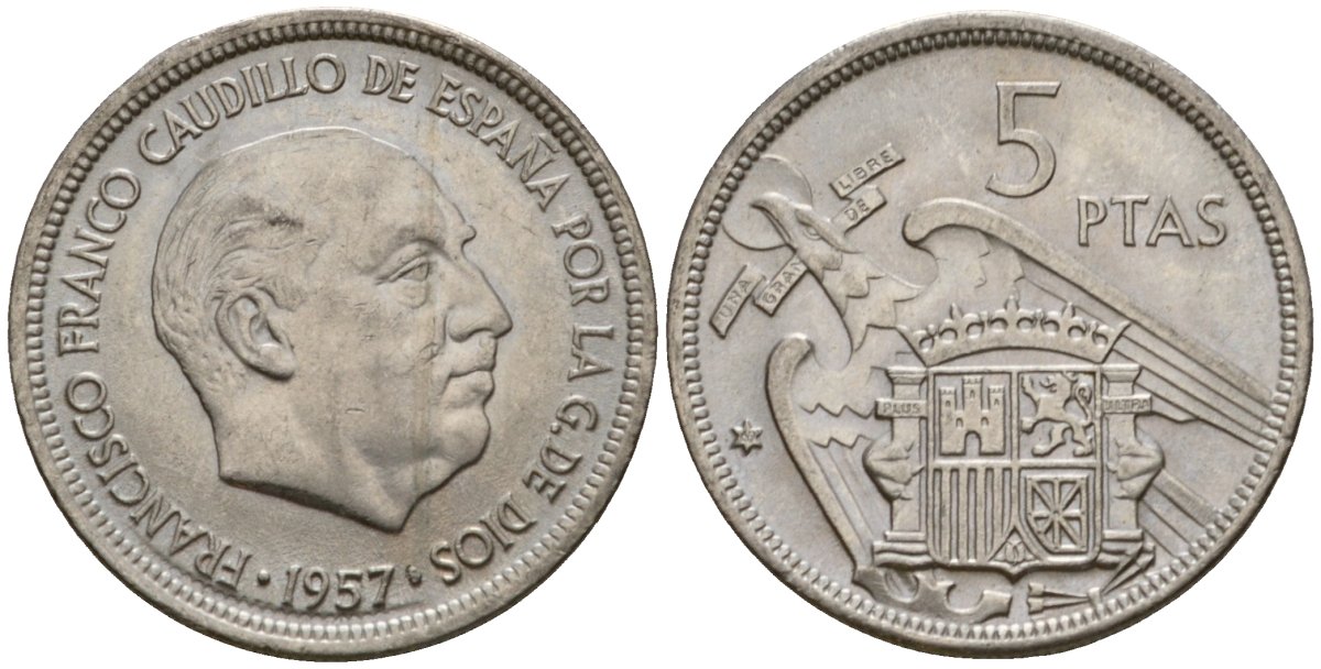 Испания 5 песет 1957 (69) Франсиско Франко (1939-1975) KM 786 медно-никель 186-651