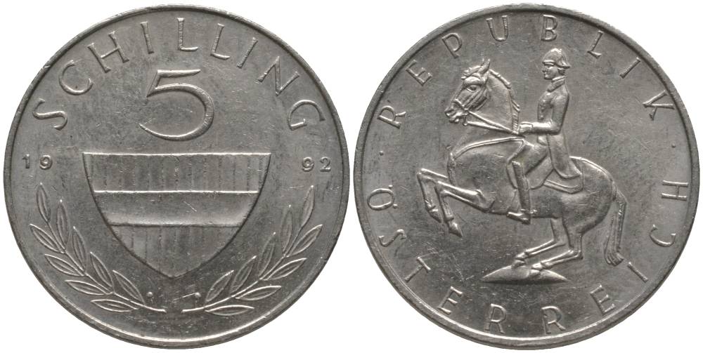 АВСТРИЯ 5 ШИЛЛИНГОВ 1992 KM 2889а медно-никель 181-227