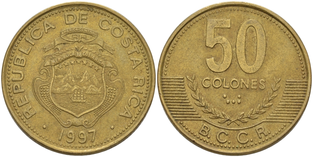 КОСТА-РИКА 50 КОЛОН 1997 а KM 231 латунь 67-1016