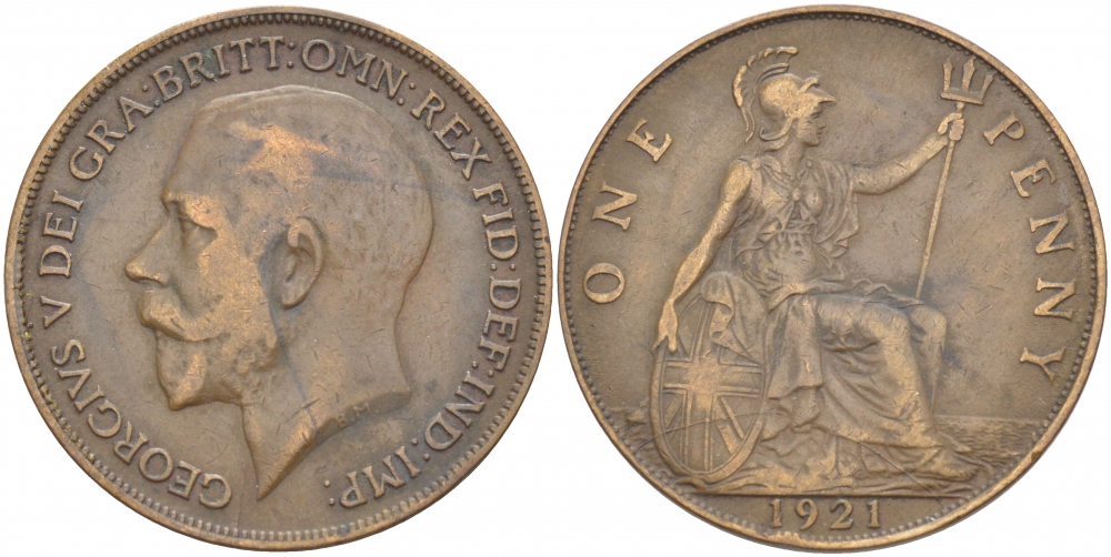 Великобритания 1 пенни 1921 Георг V (1910-1936) KM 810, Spink 4051 бронза 215-321