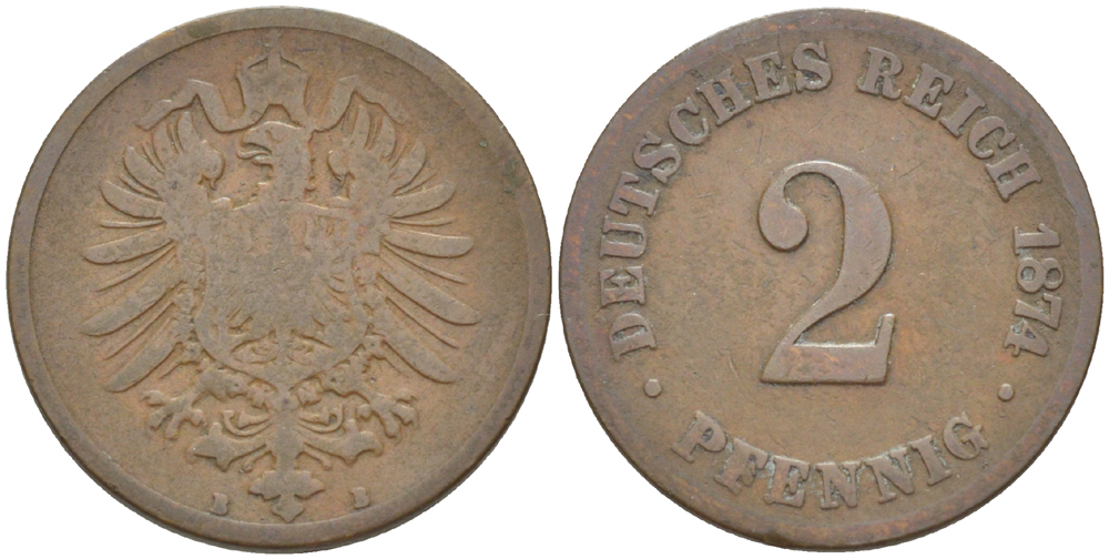 ГЕРМАНИЯ 2 ПФЕННИГА 1874 B, СТАРОГЕРБОВКА KM 2, J. 2, Weege 3 медь 4181-523