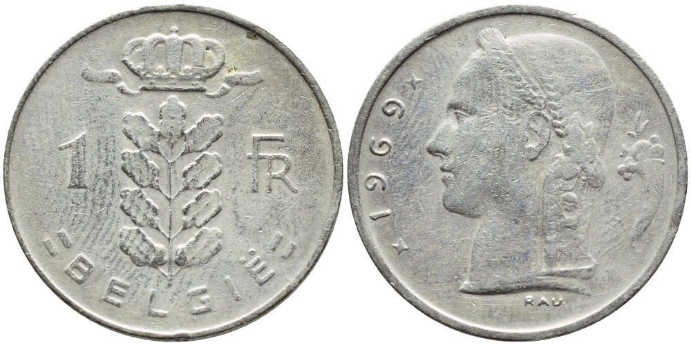 БЕЛЬГИЯ 1 ФРАНК 1969 BELGIE KM 143.1 медно-никель 4388-1155